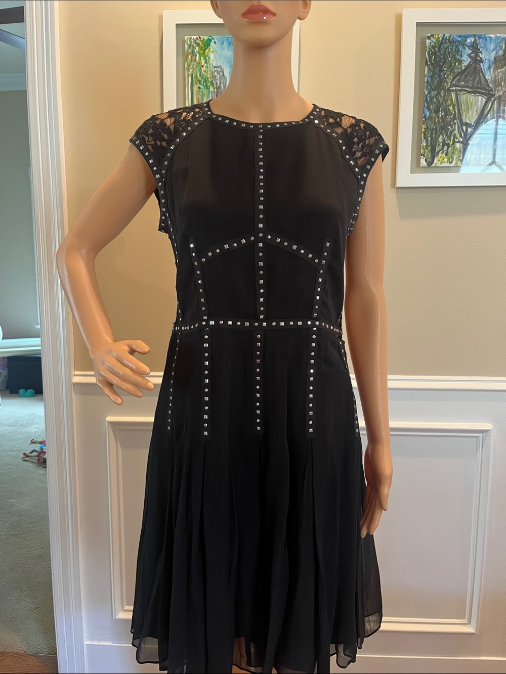 Rebecca Taylor Black Studded Lace-Shoulder Midi Dress